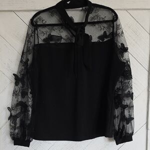 SHEIN Black Sheer Lace Butterfly Blouse